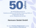 2012 - Ehrenurkunde zur 50jährigen Mitgliedschaft im Wirtschaftsverband für Handelsvermittlung und Vertrieb in Hamburg (CDH) e.V.