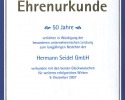 2007 - Ehrenurkunde der IHK Hamburg zum 50jährigen Firmenjubiläum der Hermann Seidel GmbH